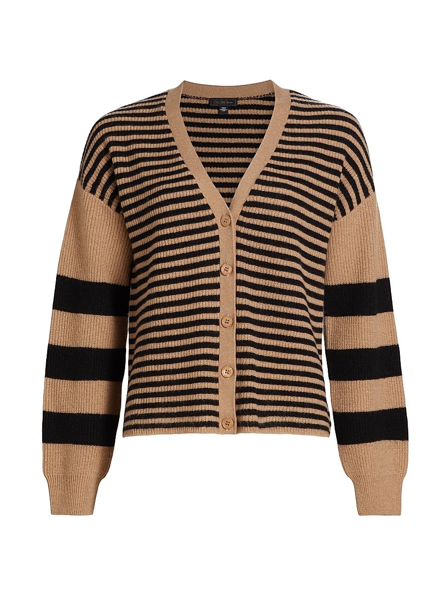 Women's COLLECTION Striped Cashmere Balloon-Sleeve Rib-Knit Cardigan - Tender Camel Black - Size Medium