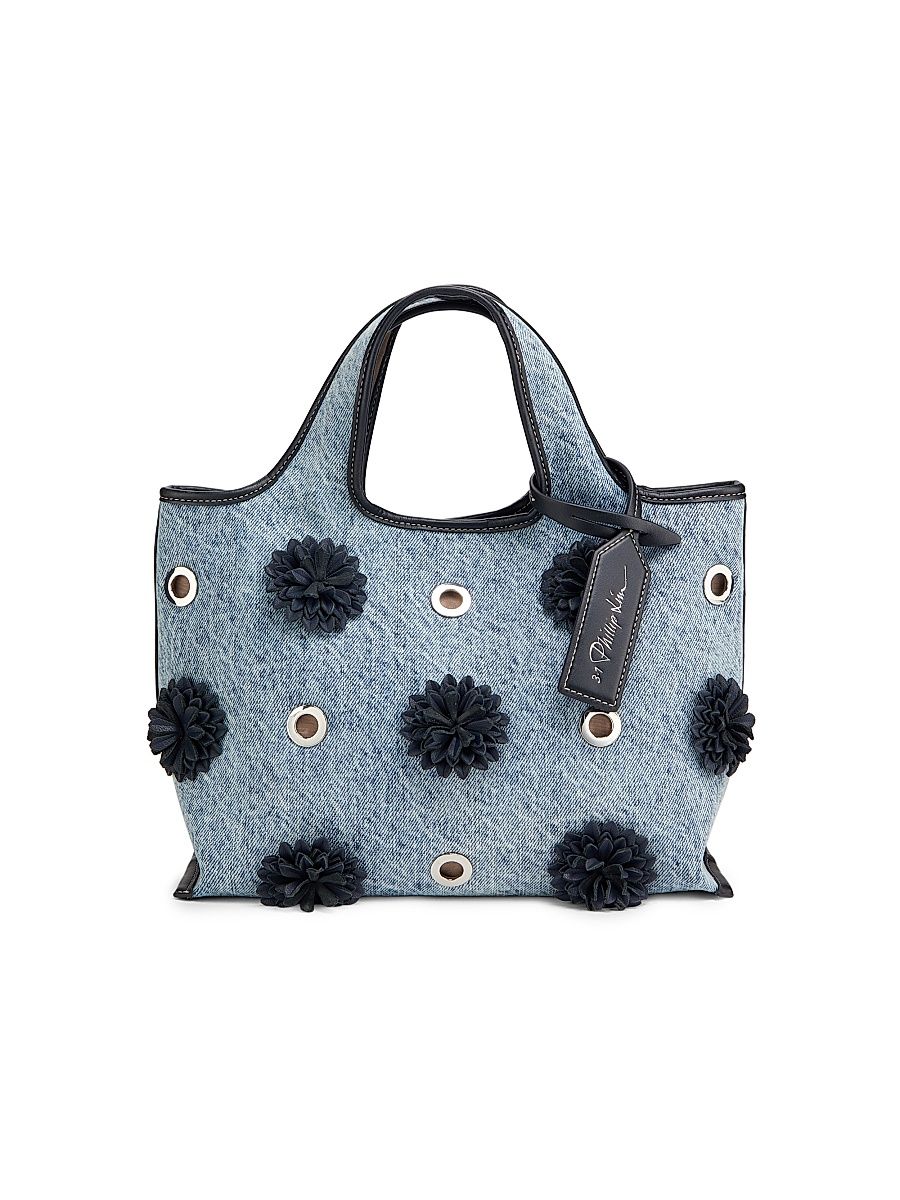 Women's Mini Floral-Appliqué Denim Shopper Tote Bag - Washed Indigo