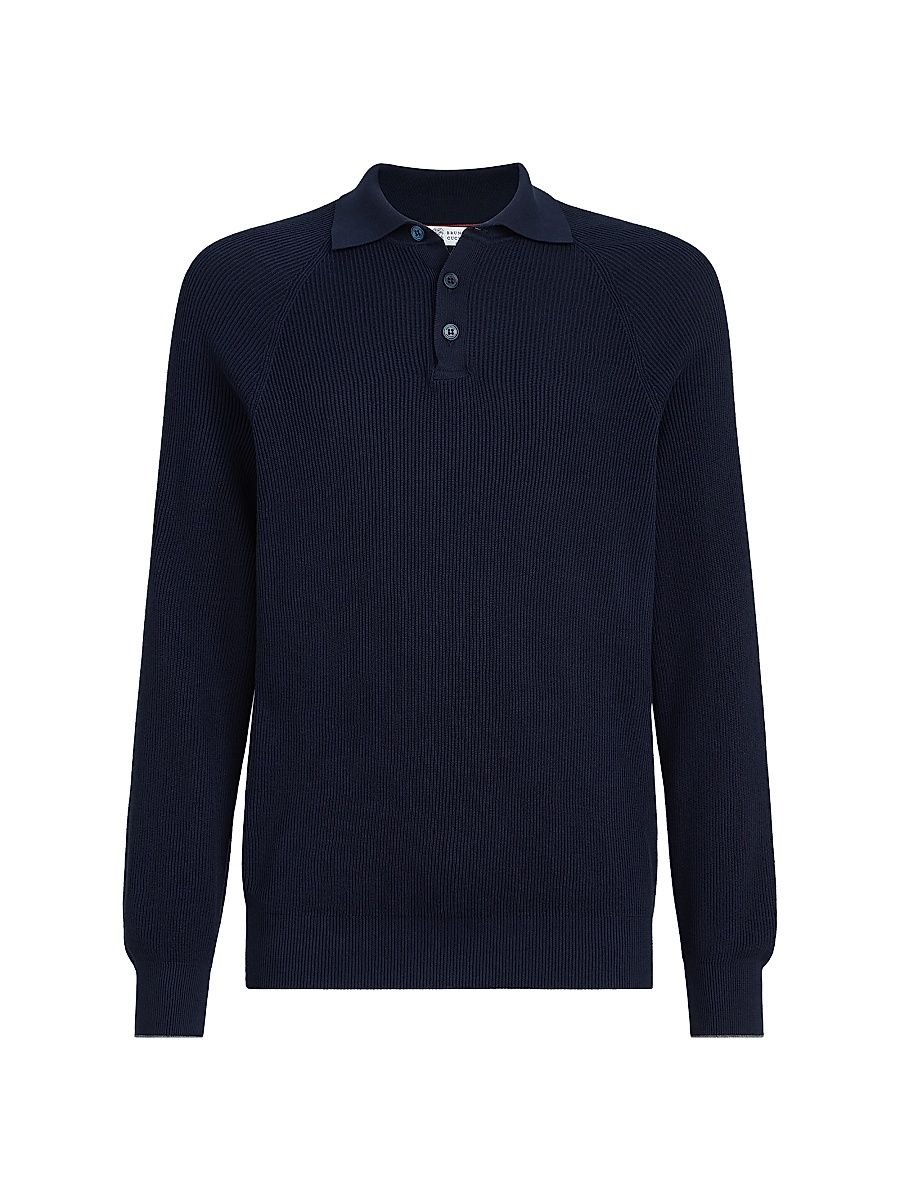 Men's Cotton English Rib Knit Polo Shirt with Long Raglan Sleeves - Navy Blue - Size 50