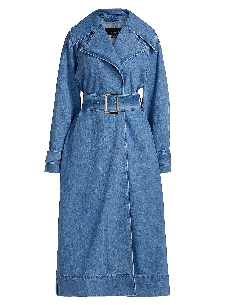 Women's Chloe Washed-Denim Belted Trench Coat - Light Wash - Size Small