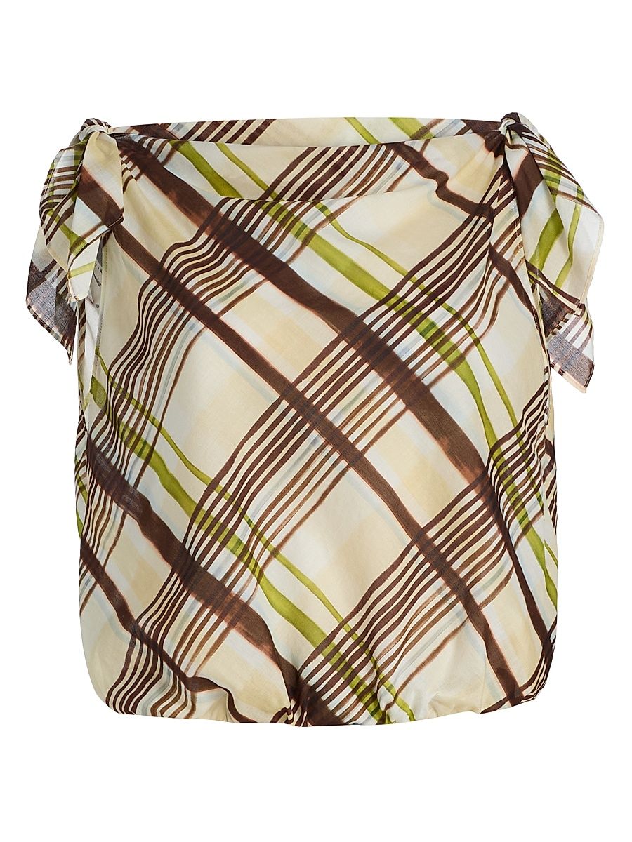 Women's Dylan Knotted-Sleeve Plaid Cotton Top - Butter Ganache - Size Large