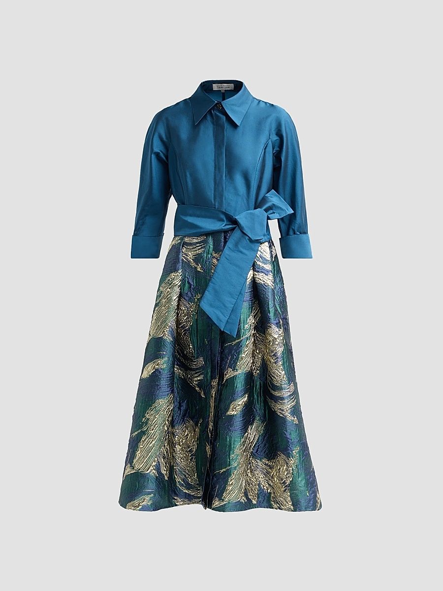 Teri Jon by Rickie Freeman Women's Jacquard Taffeta Shirtdress - Peacock Gold - Size 0