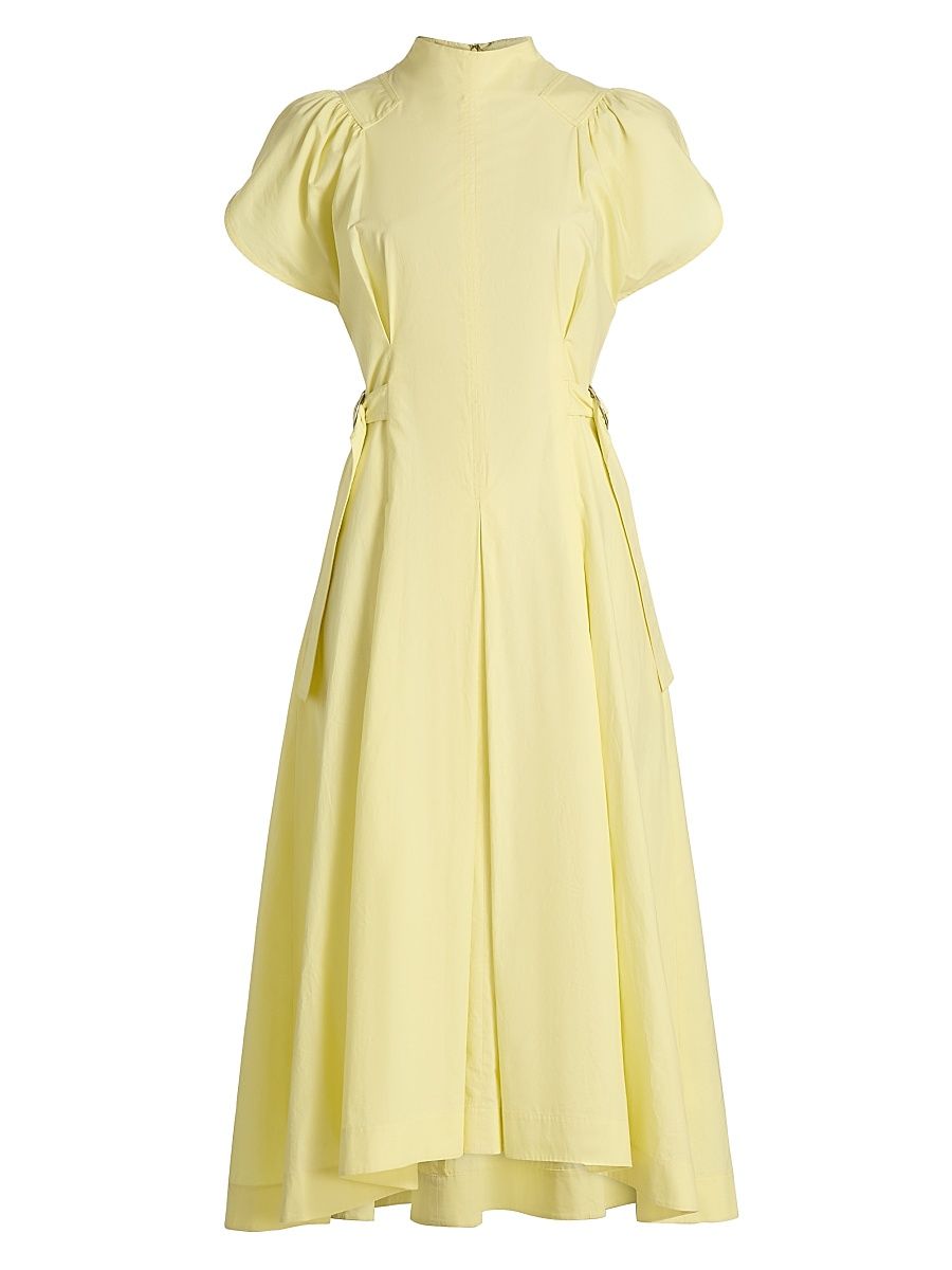 Women's Puff Sleeve Side-Tie Cotton Poplin Midi-Dress - Yuzu - Size 12
