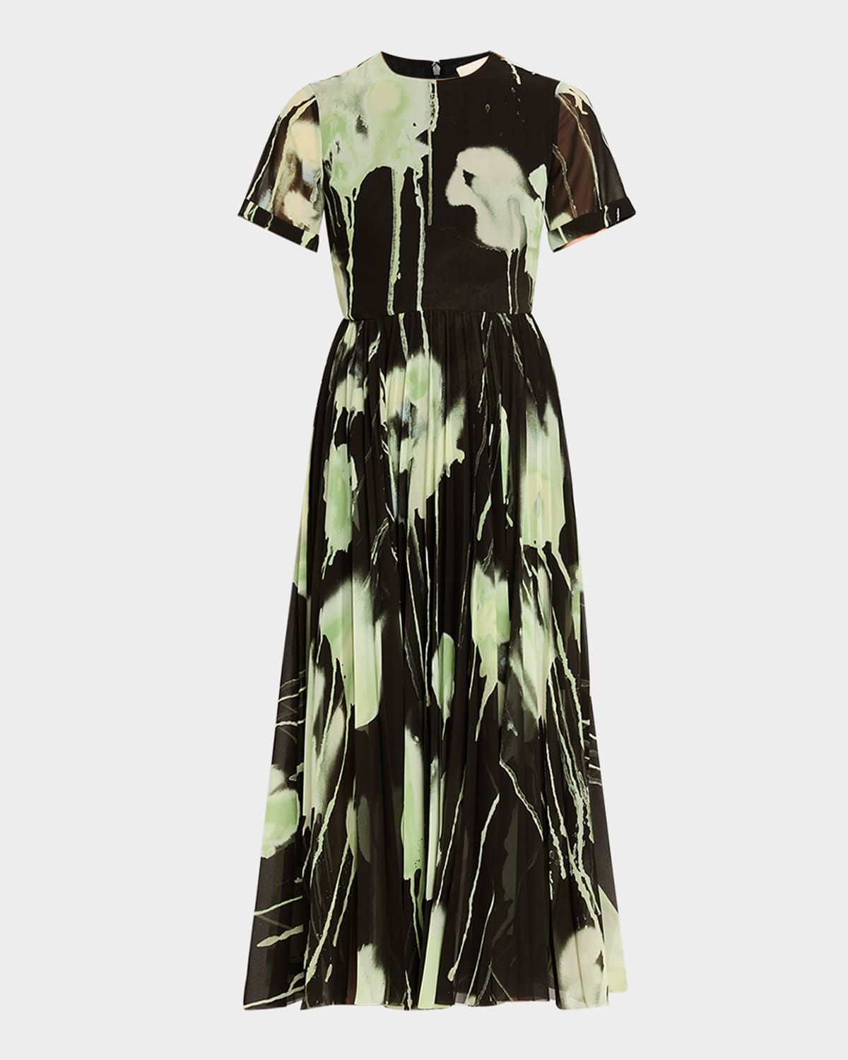 Pleated Watercolor-Print Midi Dress
