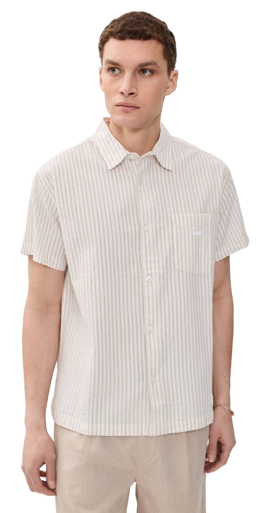 Obey Seersucker Collared Shirt Unbleached Multi S
