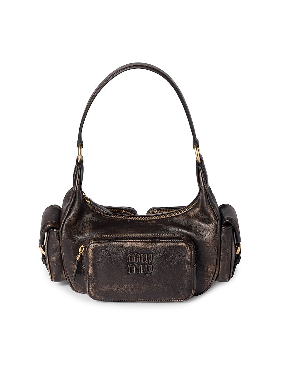 Women's Pocket Nappa Leather Shoulder Handle Bag - Brown