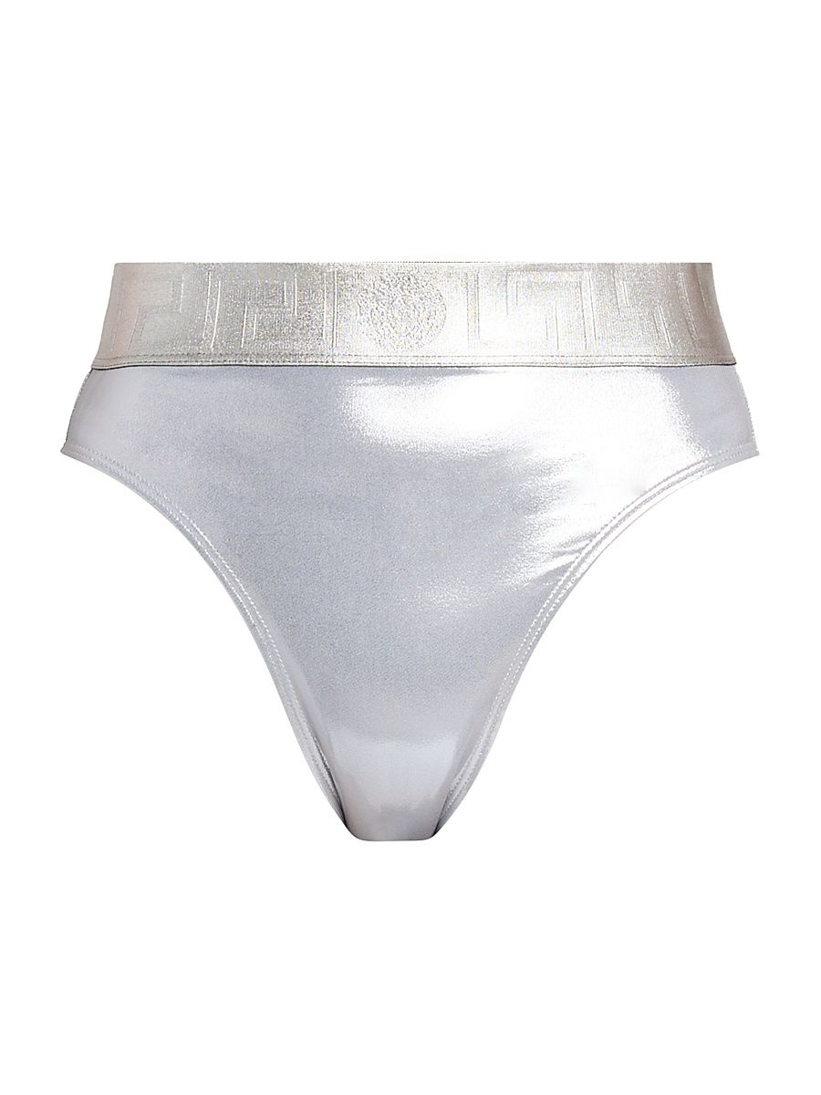 Women's Laminated Metallic High-Waisted Bikini Bottom - Silver - Size XL