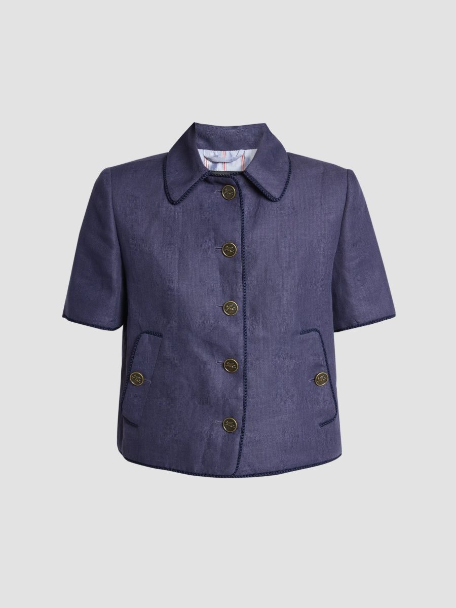 Etro Women's Piped Linen Short-Sleeve Jacket - Blue - Size 14