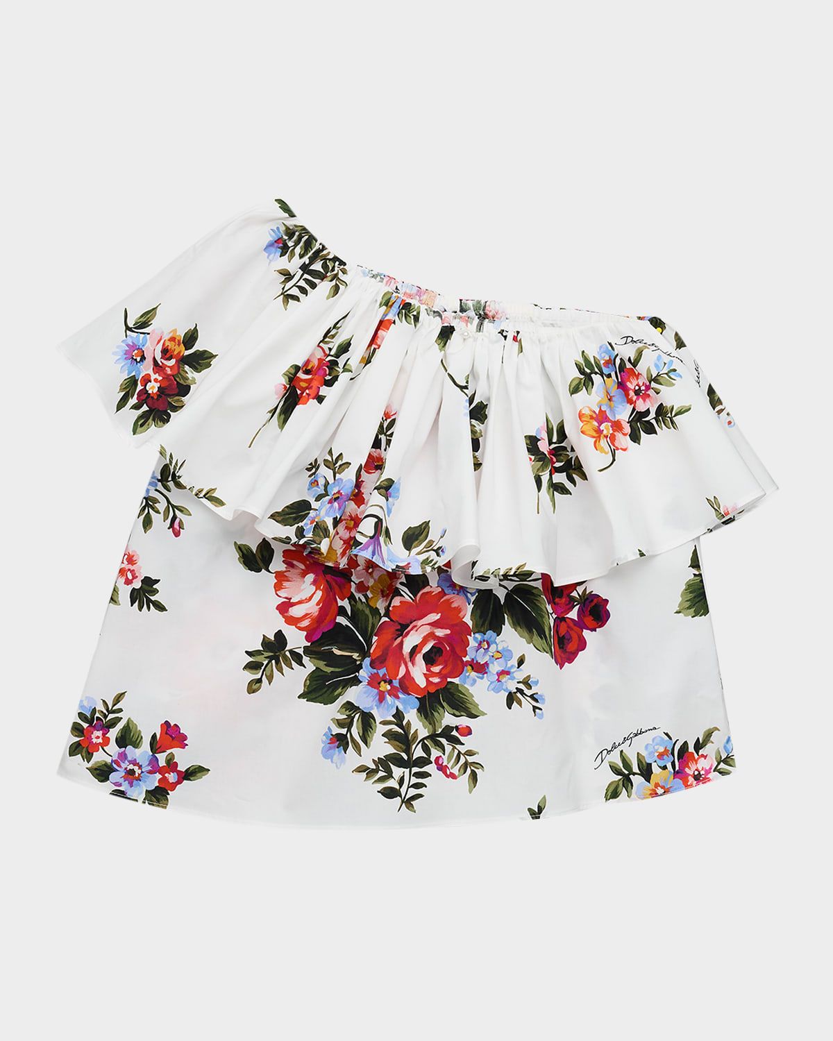 Girl & apos;s One-Shoulder Ruffle Floral Poplin Top, Size 8-14