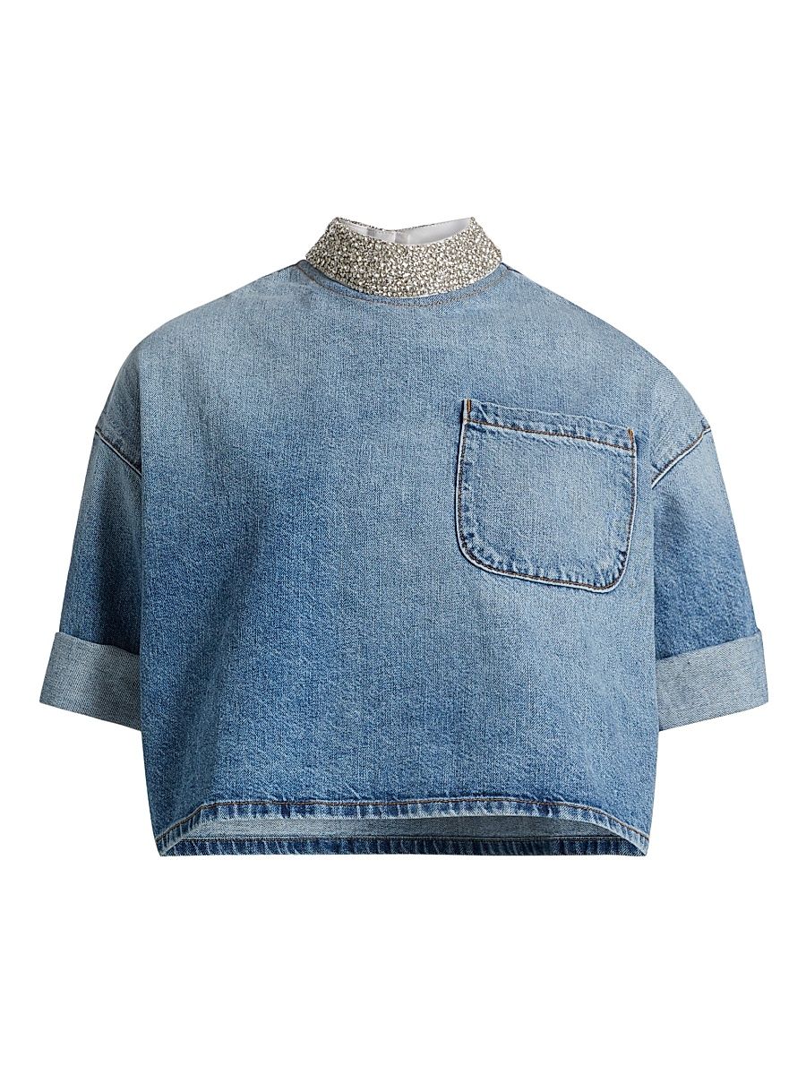 Women's Ex T Embellished Denim Crop T-Shirt - Vintage Wash - Size Medium