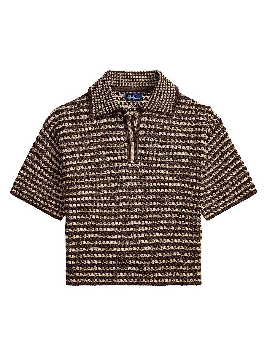 Women's Textured-Stripe Polo Shirt - Chocolate Stripe - Size Large