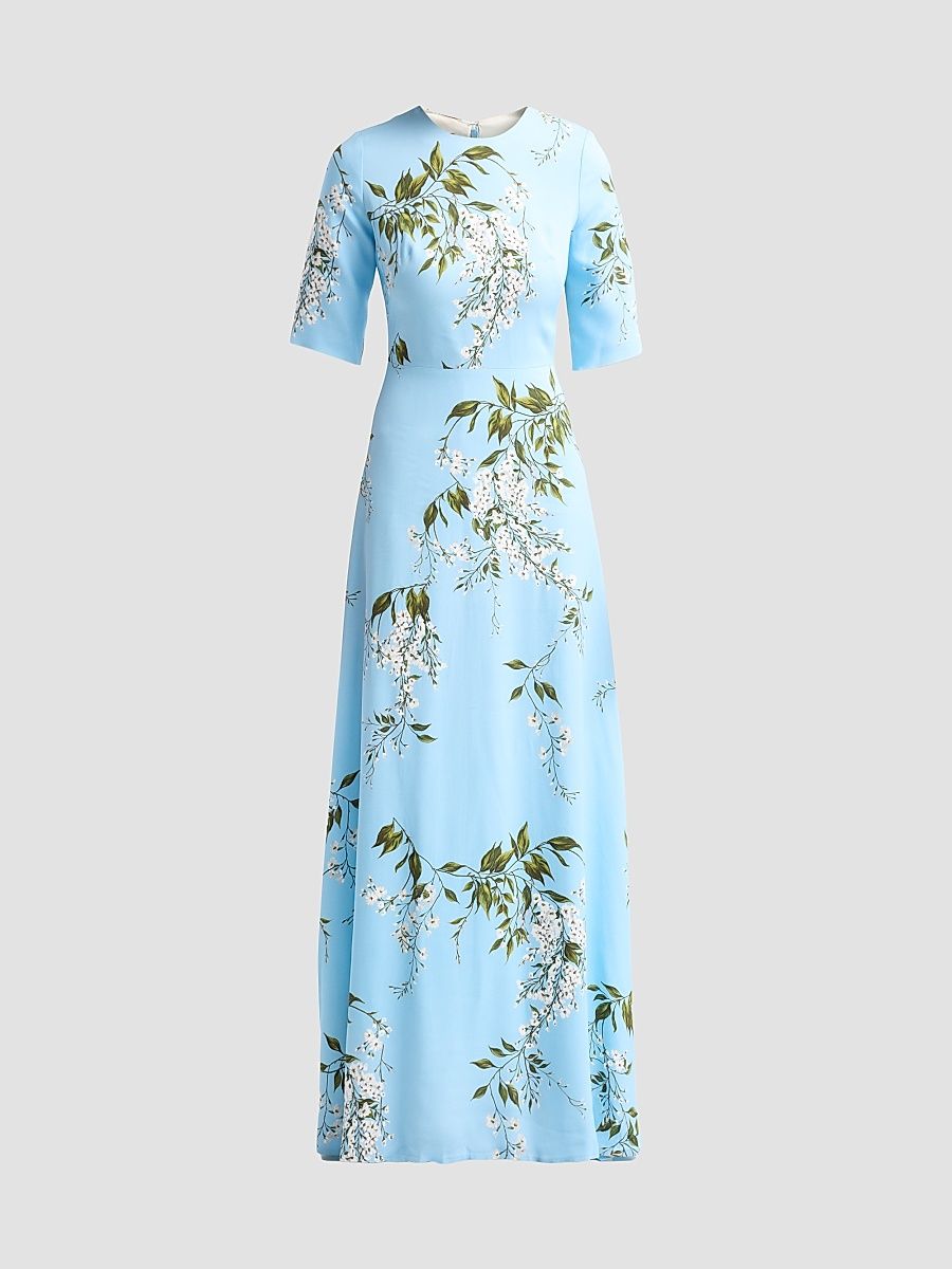Women's Floral Crêpe Short-Sleeve Gown - Horizon Blue Multi - Size 12