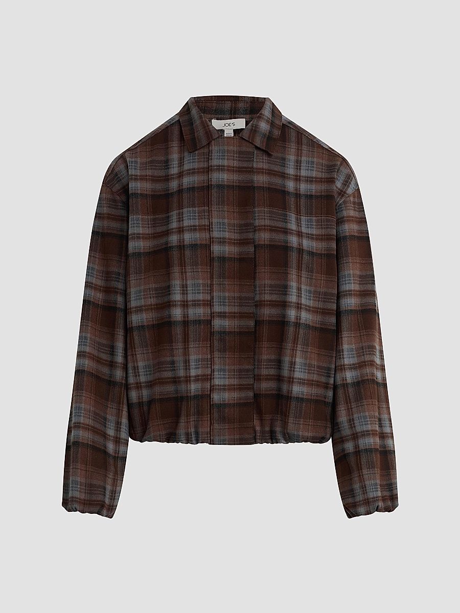 Women's The Bella Plaid Bomber Jacket - Brown Blue Plaid - Size XS