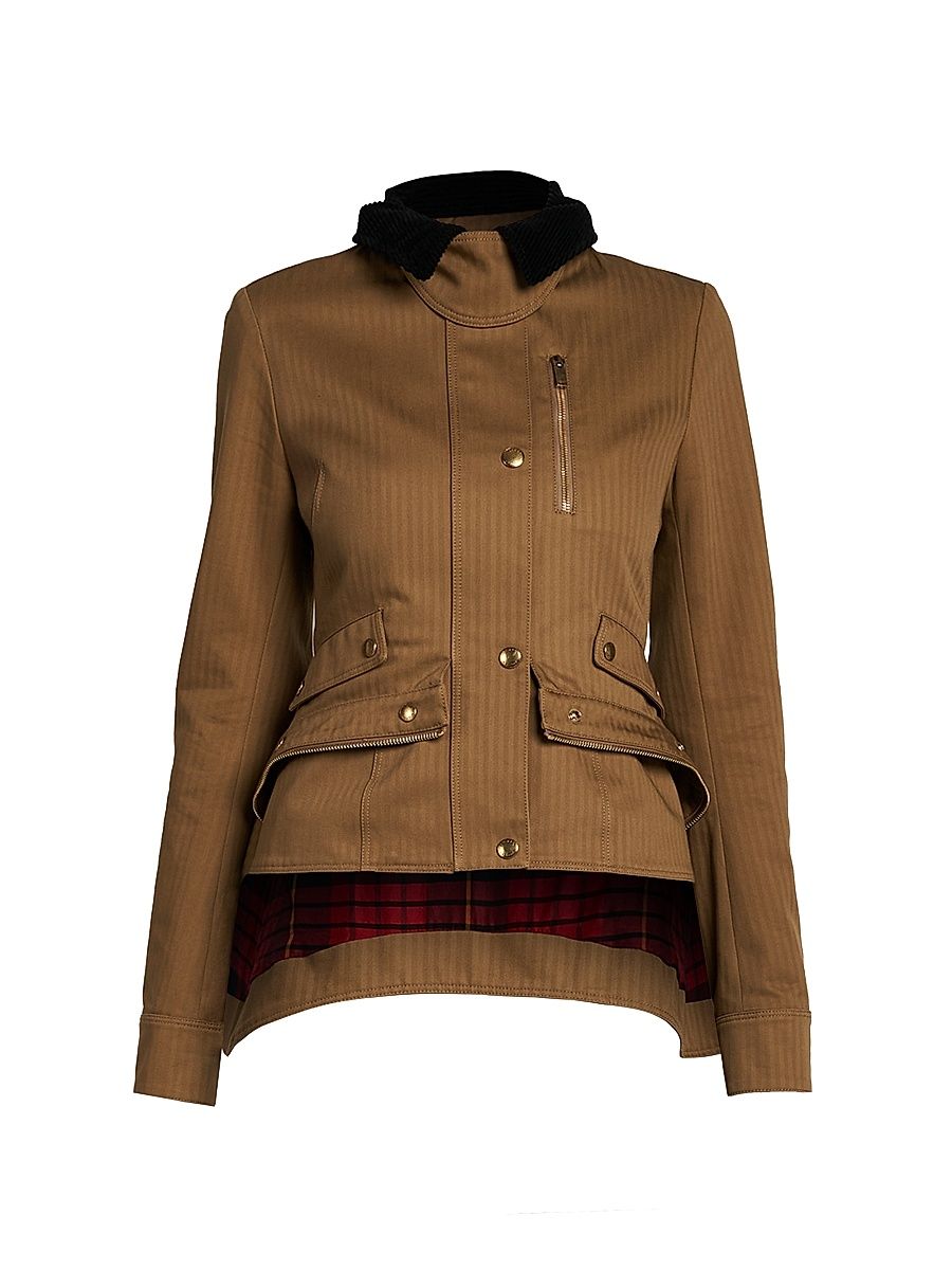 Women's Contrast-Collar Herringbone Cotton Jacket - Caramel - Size 10