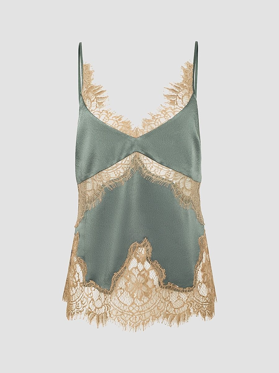 Women's Mitsu Lace-Trim Satin Cami - Smokey Olive Praline - Size XL