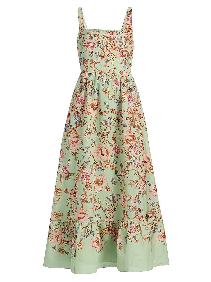 Women's Floral Corset Linen-Cotton Maxi Dress - Green - Size XL