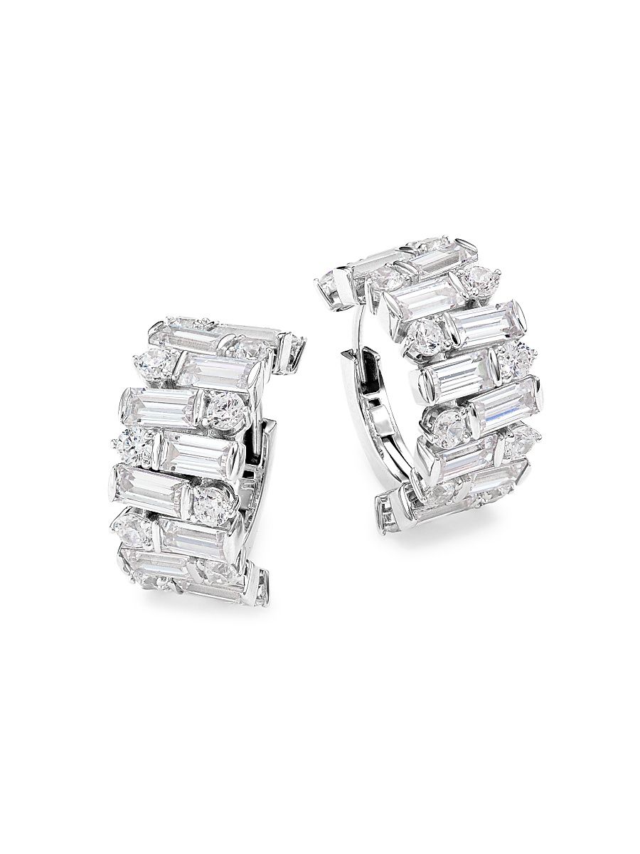 Women's Jazz Deco Sterling Silver & Cubic Zirconia Huggie Earrings - Rhodium