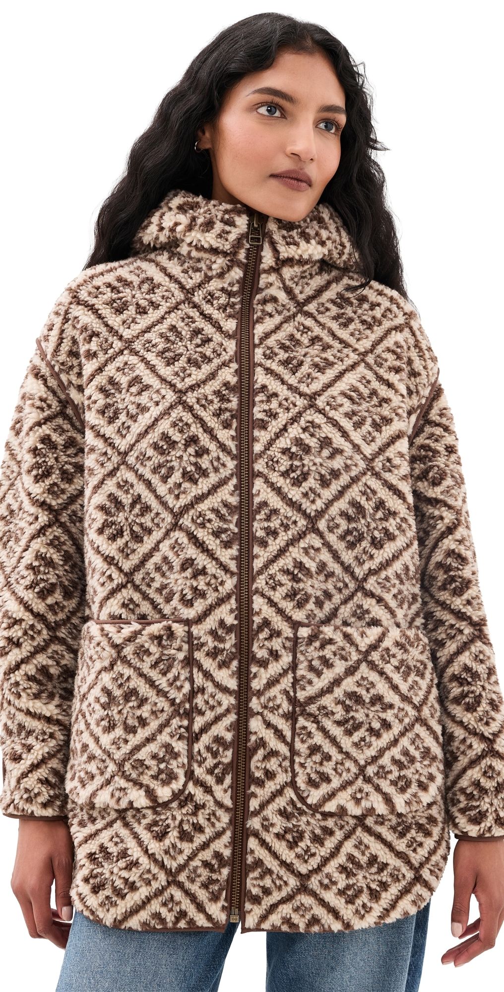 Marea Hooded Sherpa Jacket Brown Jacquard L