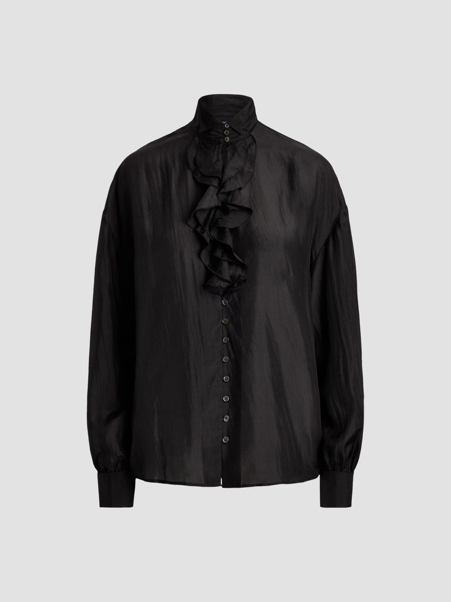 Polo Ralph Lauren Women's Silk Habutai Ruffle Shirt - Black - Size 8