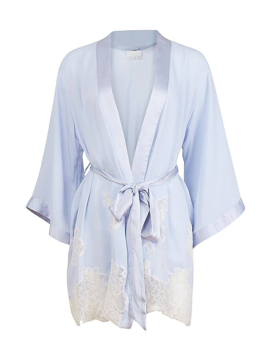 Women's Lace Appliqué Silk-Blend Robe - Cloud - Size Medium