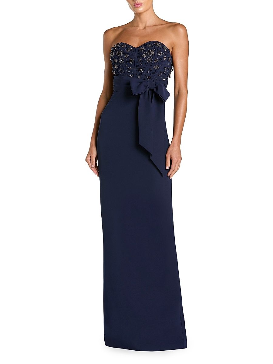 Women's Beaded Crepe Strapless Column Gown - Midnight - Size 14