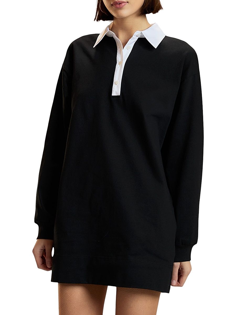 Women's Ardie Rugby Contrast-Collar Cotton Minidress - Black - Size Large