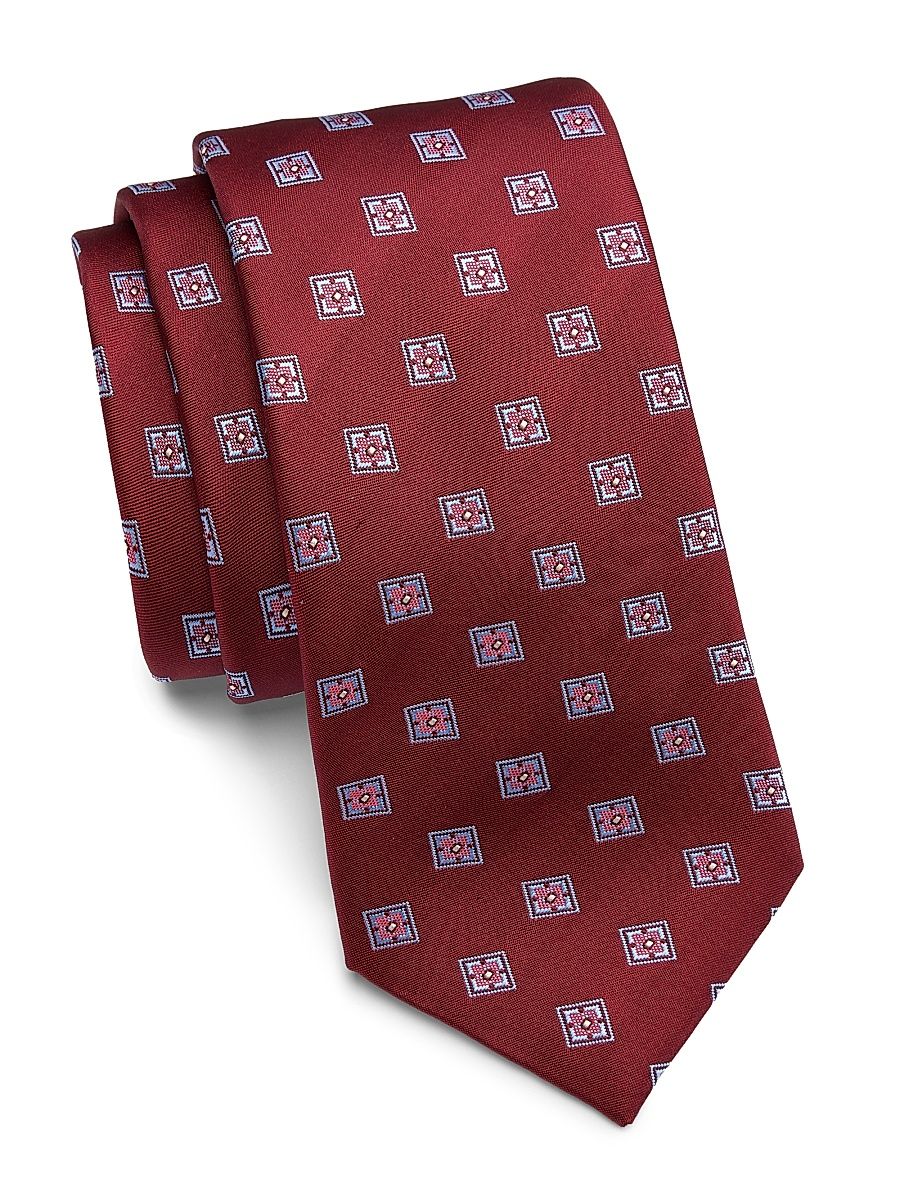 Men's Square Medallion Woven Silk Tie - Bordeaux