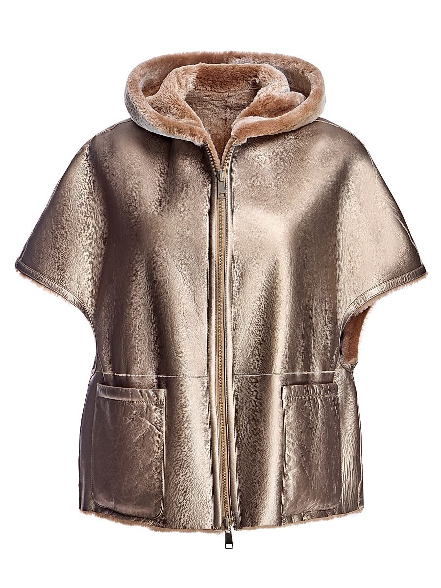 Women's Lamb Shearling Zipper Cape - Bronze - Size Medium