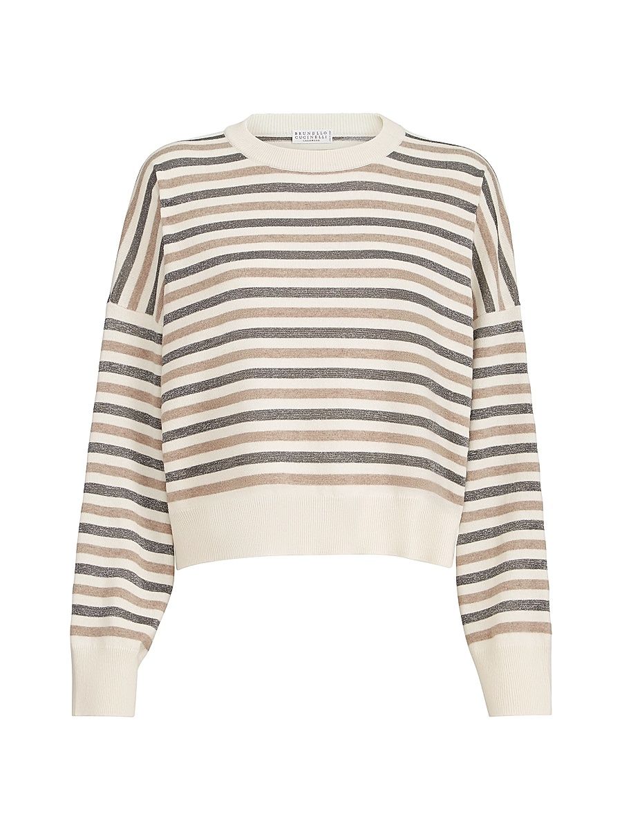 Women's Virgin Wool, Cashmere and Silk Sparkling Stripes Sweater - White - Size XS