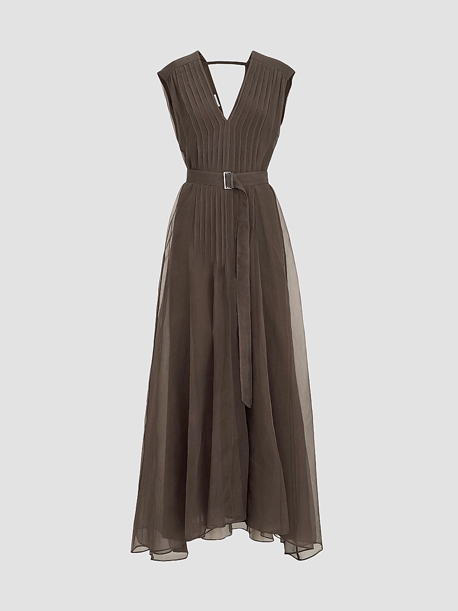 Women's Crispy Silk Belted Dress with Pleated Detail and Precious Strap - Chocolate - Size XS