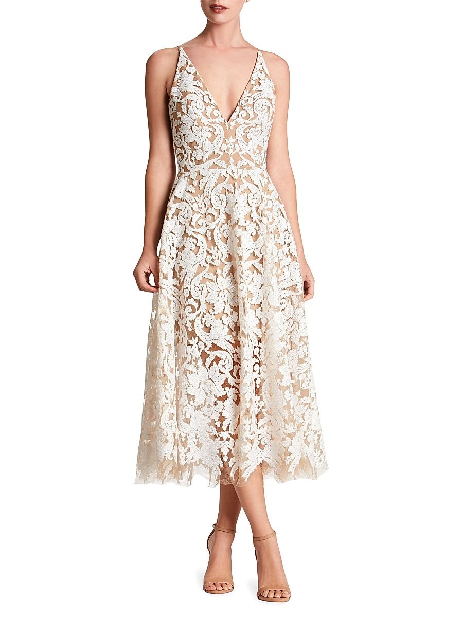 Women's Blair Sleeveless Sequin Lace Midi Dress - White Nude - Size XXS
