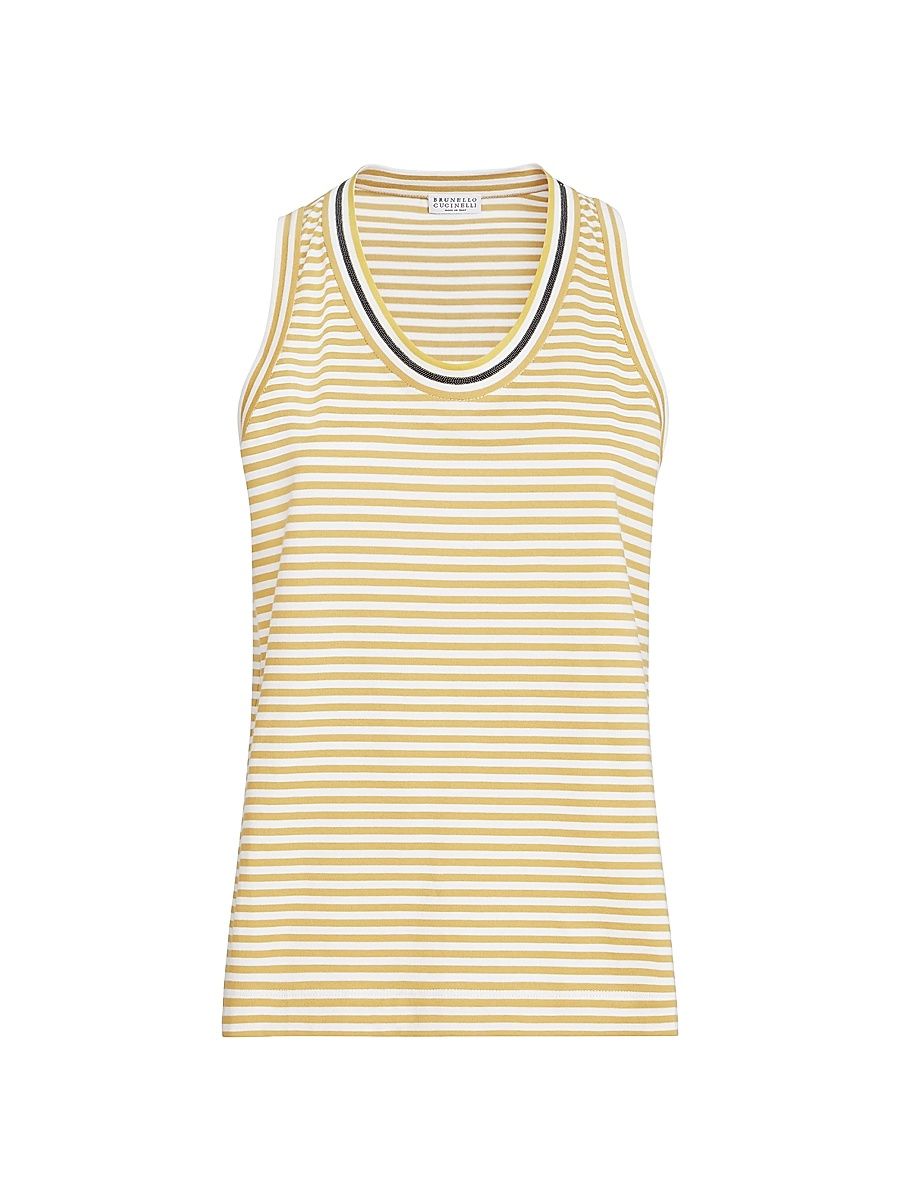 Women's Striped Cotton Jersey Top with Precious Neckline - Yellow - Size XXXXL