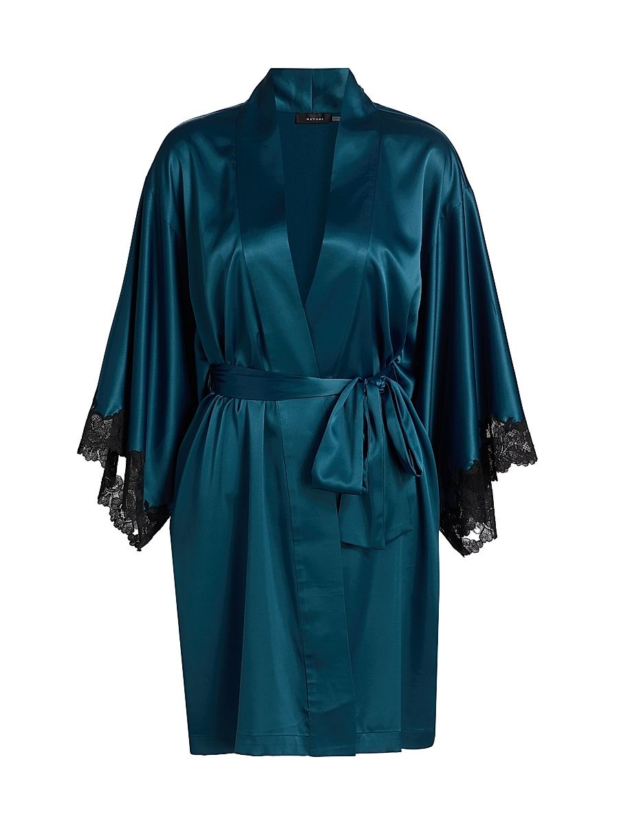 Women's Peony Glamour Satin-Lace Self-Tie Robe - Midnight Teal - Size XL