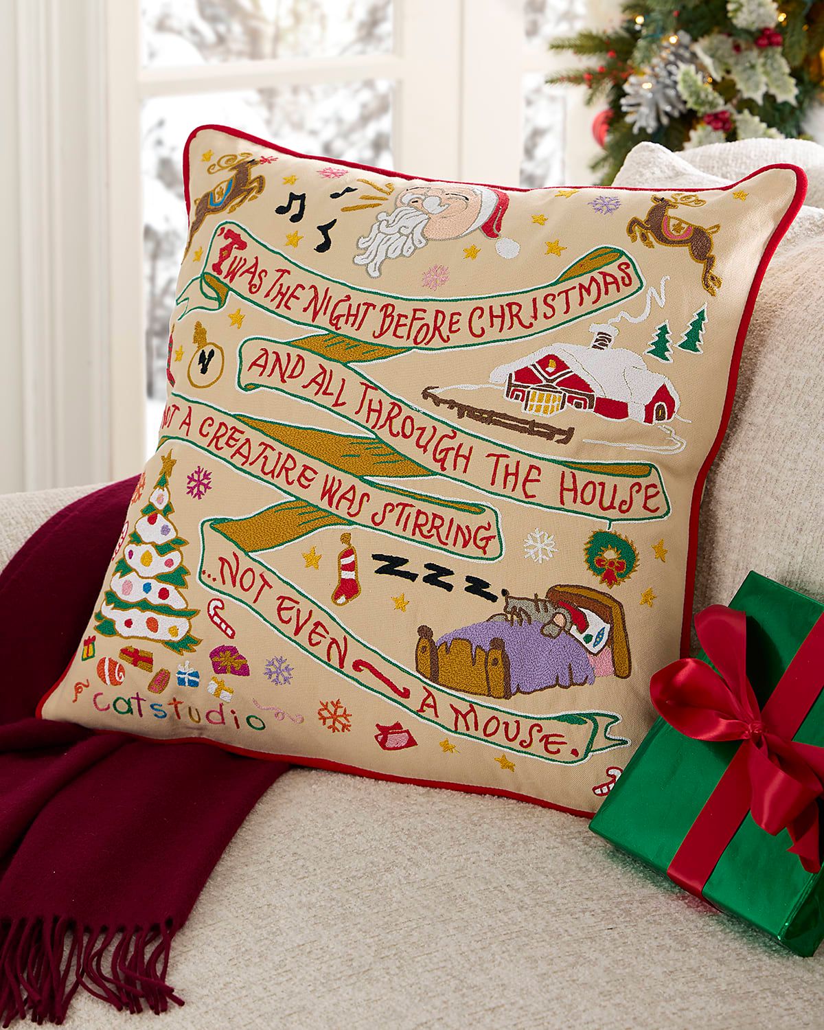 Night Before Christmas Hand-Embroidered Pillow, 20" Square