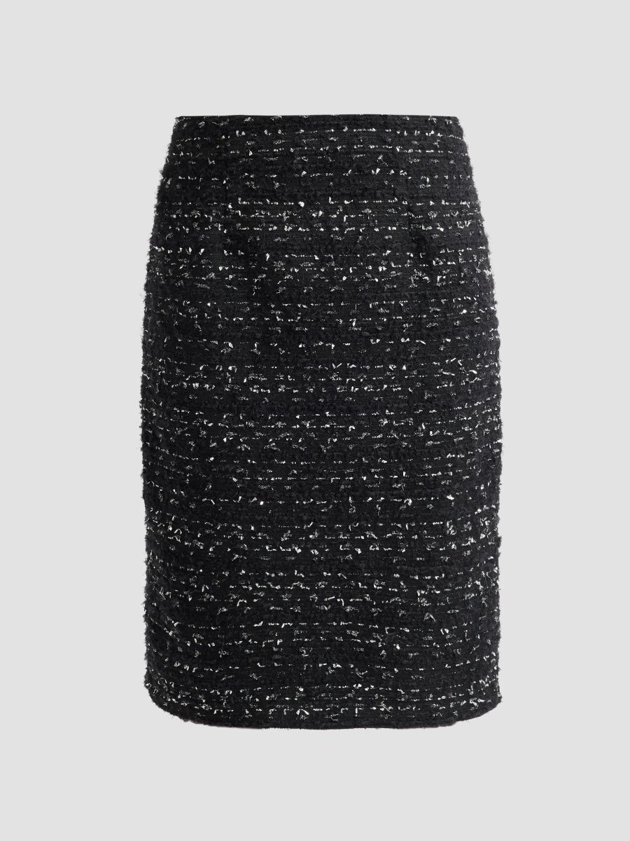 Teri Jon by Rickie Freeman Women's Tweed Pencil Knee-Length Skirt - Black Silver - Size 16