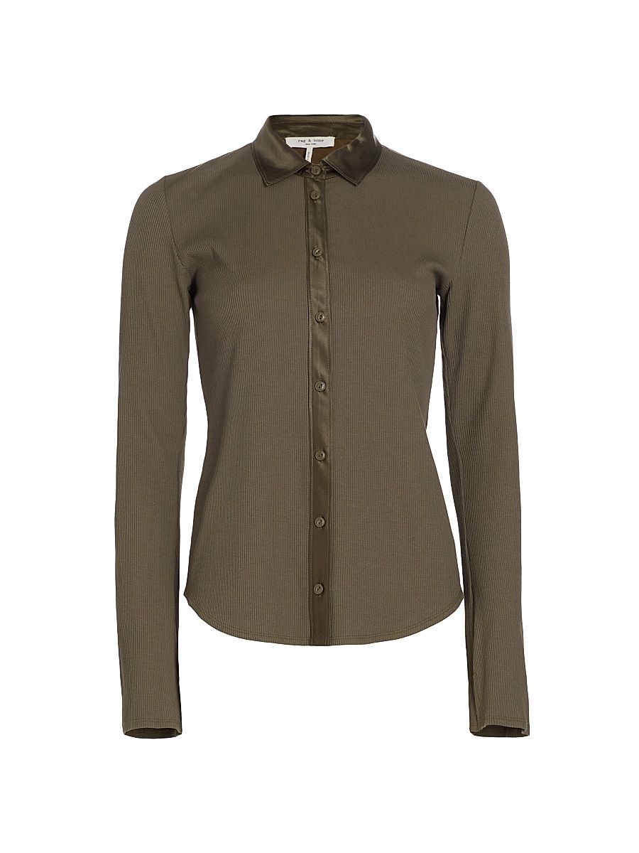 Women's Ribbed Mix Media Button Down - Olive Night - Size Large