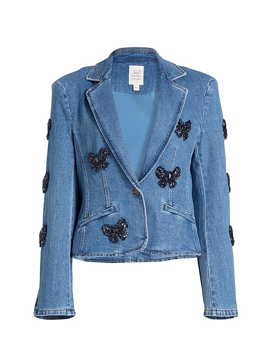 Women's Le Petit Khloe Rhinestone Bow Denim Blazer - Blue Haze - Size 16