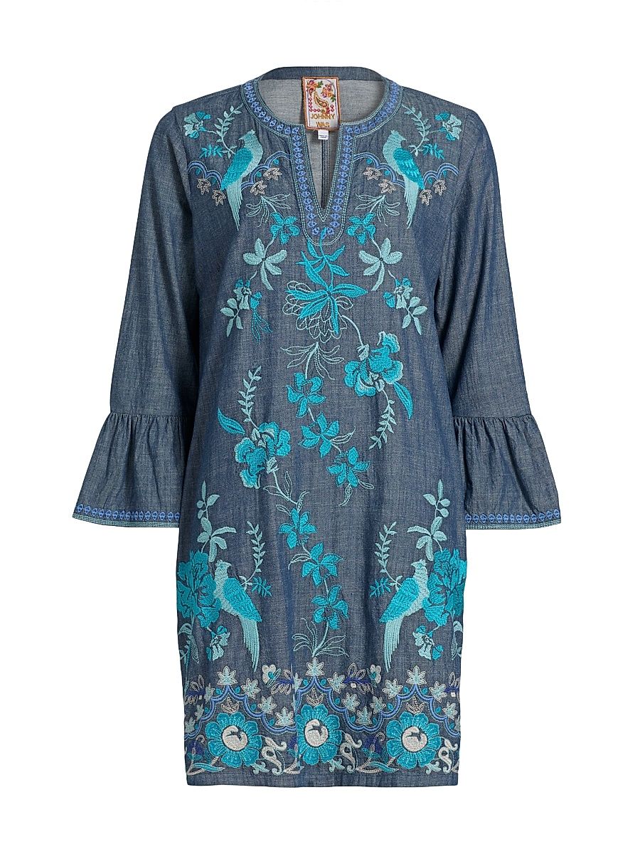 Women's Kikio Embroidered Cotton Shift Dress - Denim Blue - Size XL