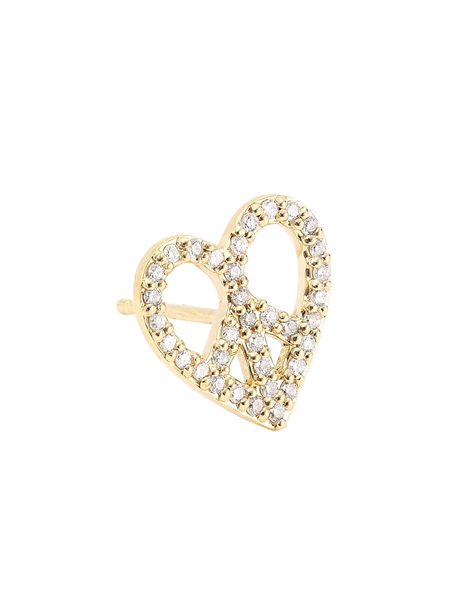 Women's Psychedelic Grooves 14K Yellow Gold & 0.01 TCW Diamond Heart Peace Sign Stud Earring - Gold