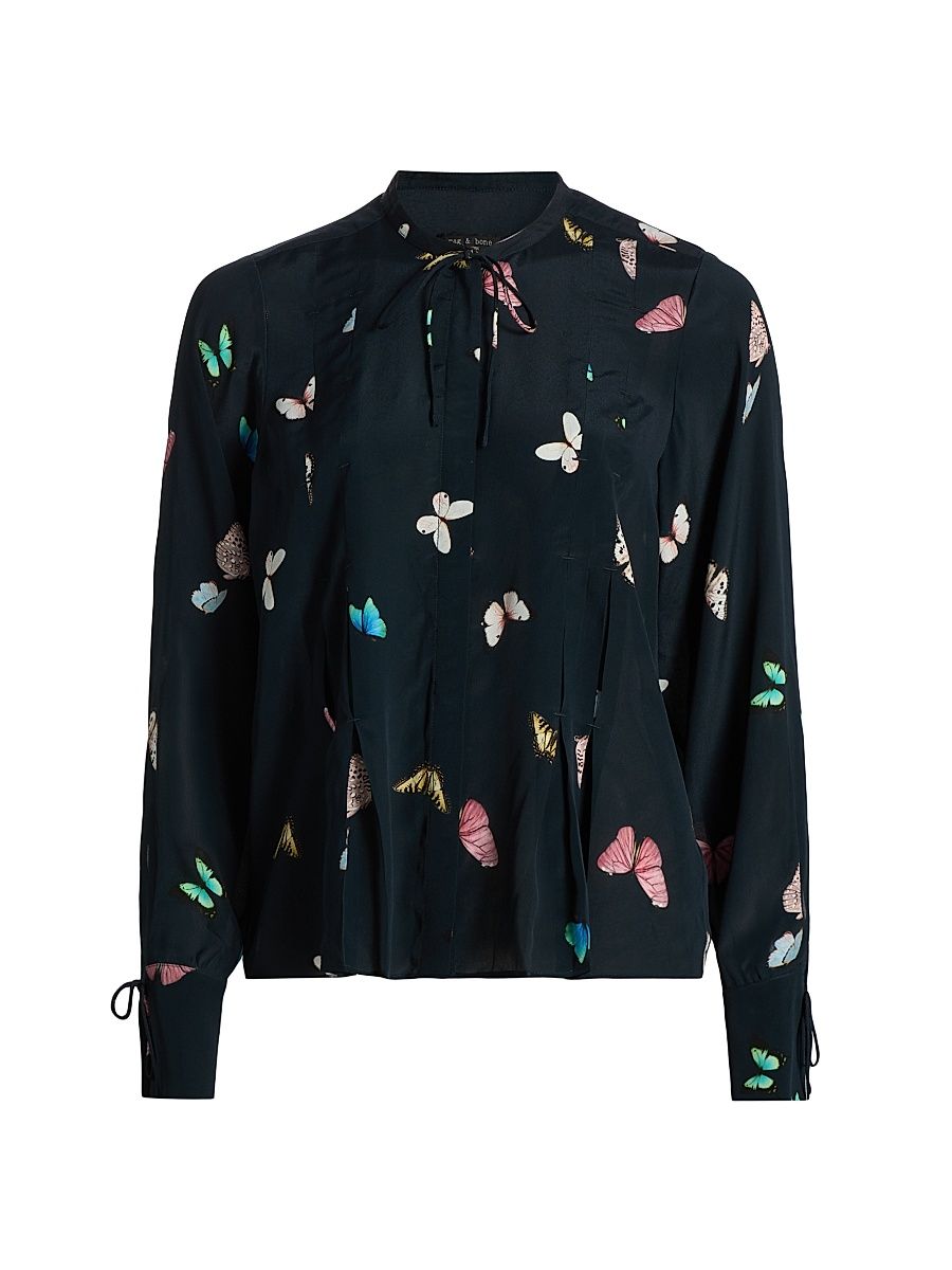 Women's Arden Butterfly-Printed Pleated Blouse - Black Butterfly Multi - Size XS