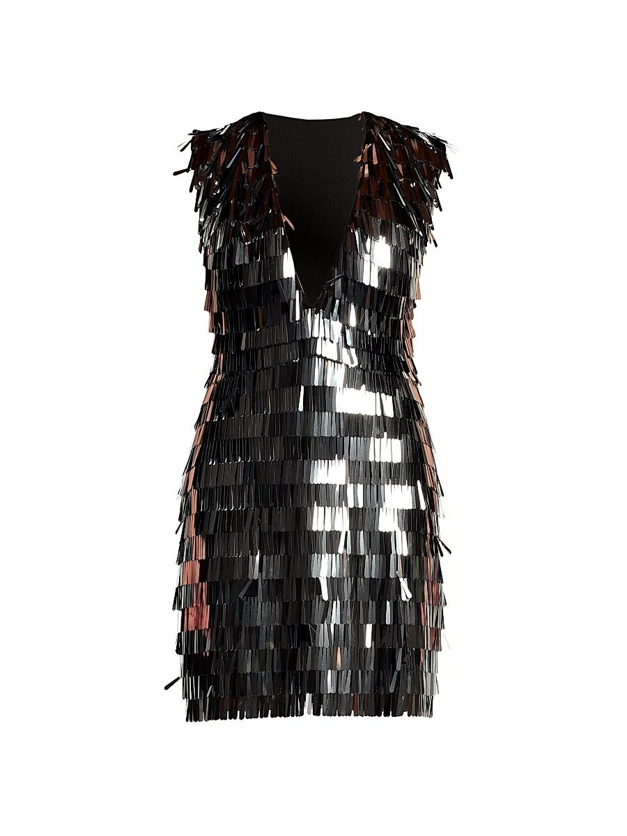 Women's Tiered Sequin Fringe Minidress - Silver Black - Size 2
