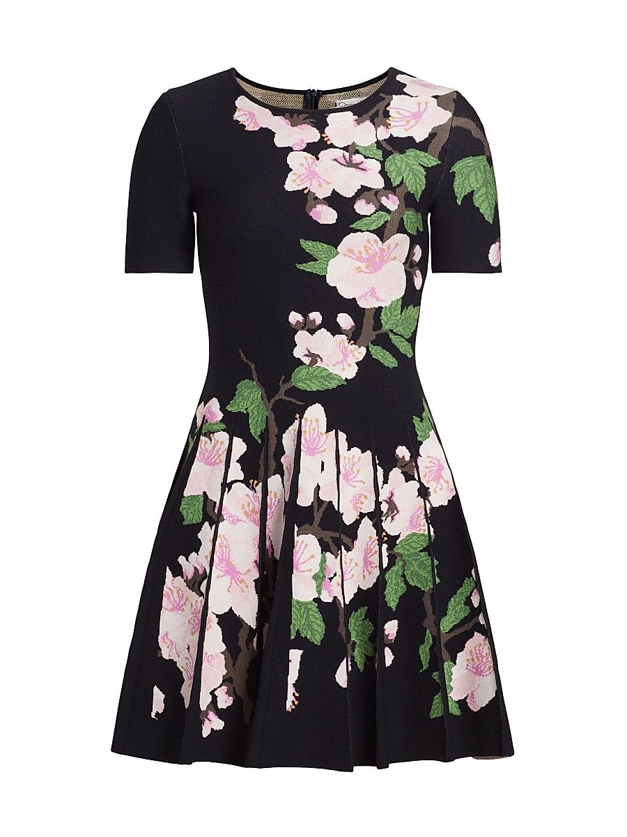 Women's Cherry Blossom Pleated Jacquard Dress - Navy Pink - Size Small