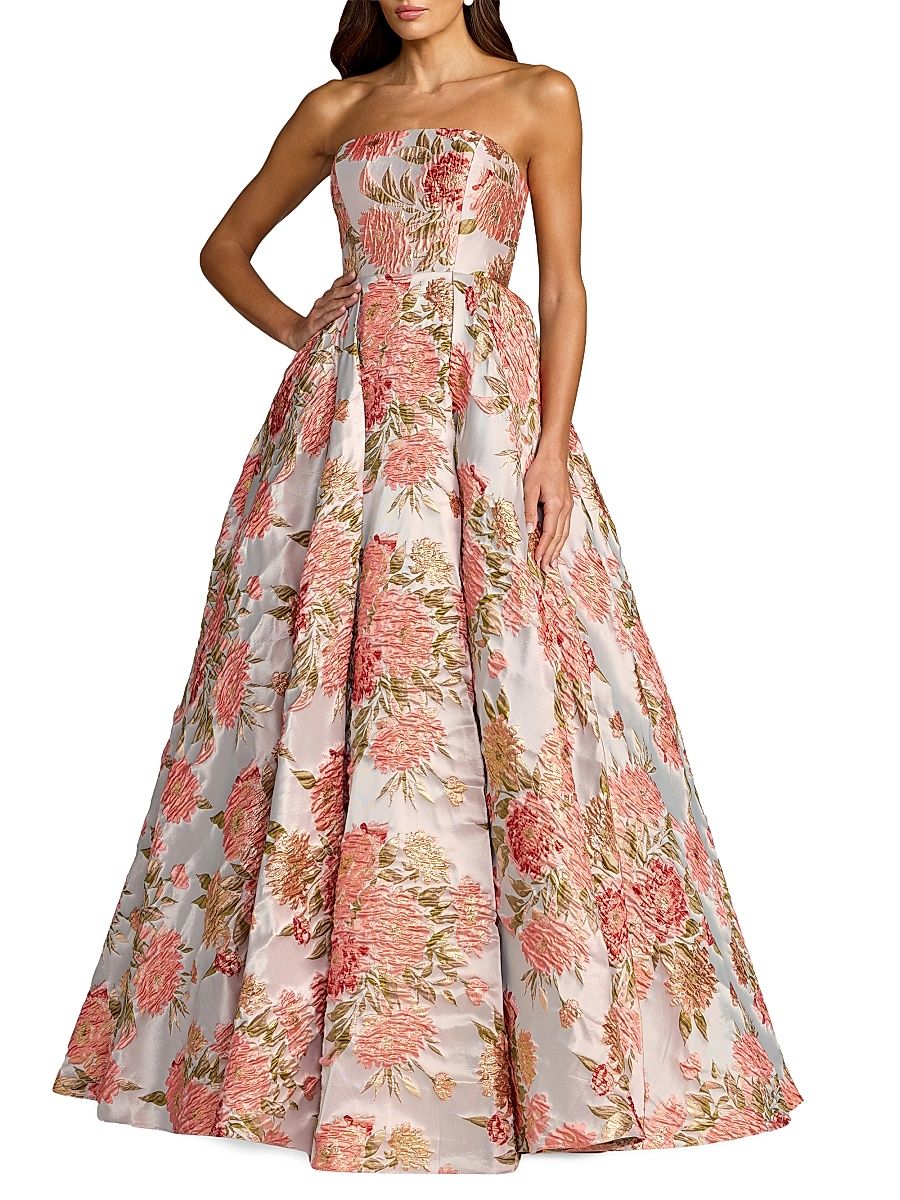 Women's Floral Brocade Strapless Ball Gown - Pastel Multi - Size 16