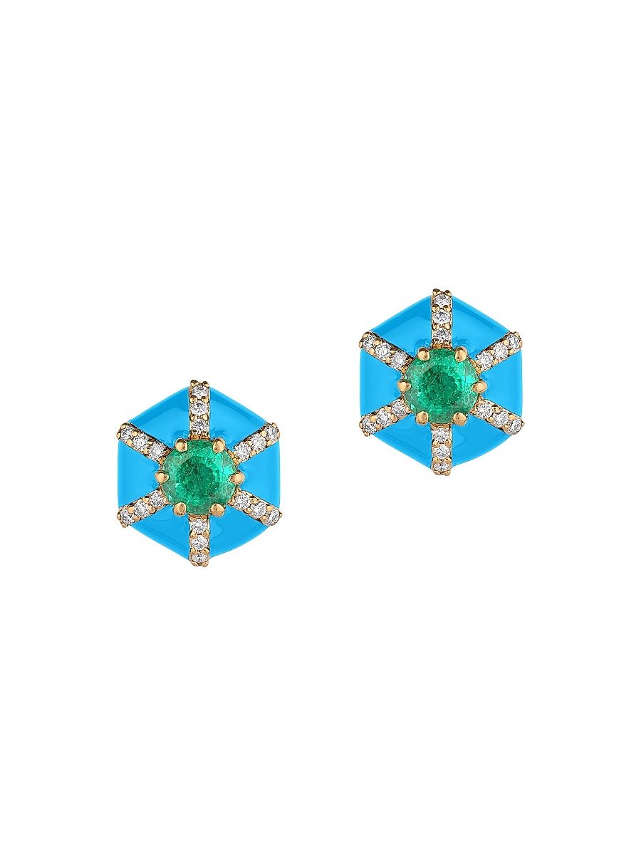 Women's Queen 18K Yellow Gold, Multi-Gemstone, & Enamel Hexagonal Stud Earrings - Blue