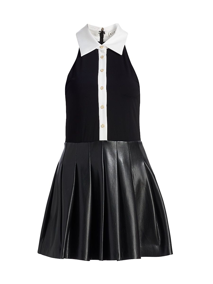 Women's Tate Vegan Leather Sleeveless Polo Mini Shirtdress - Black Off White - Size 14