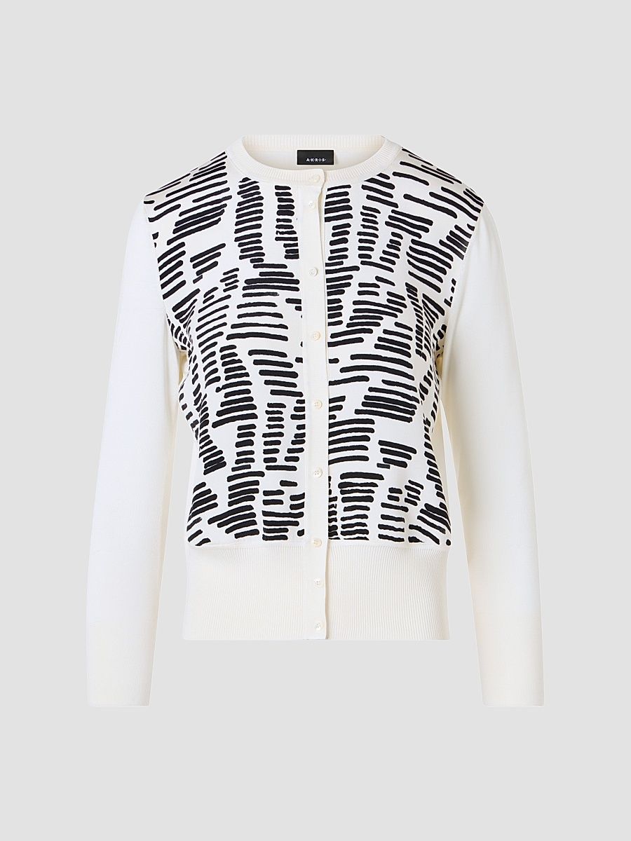 Women's Printed Silk Long-Sleeve Cardigan - Ecru Black - Size 16
