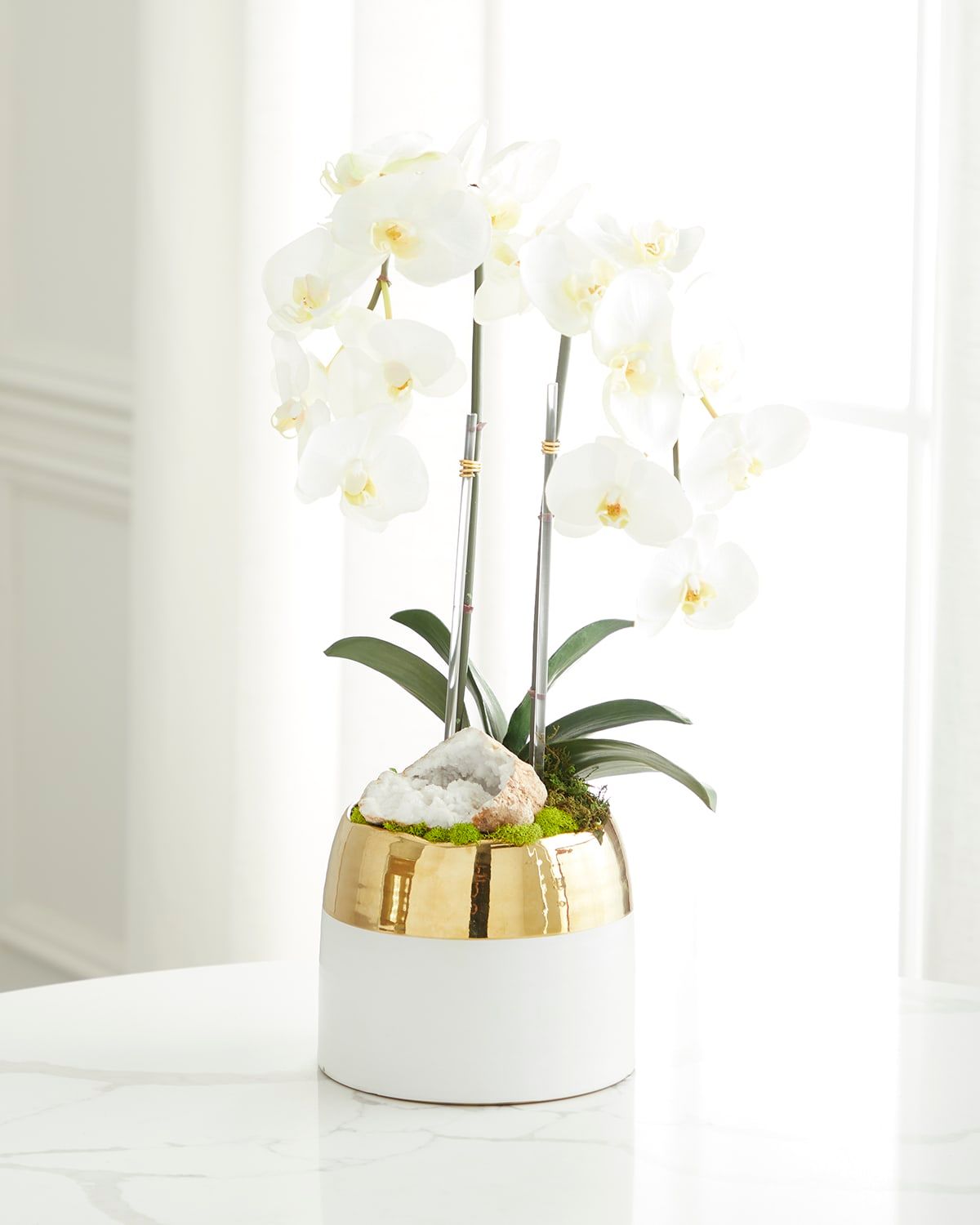 Double Orchid Faux Floral in Gold-Rimmed Ceramic Container - 22"