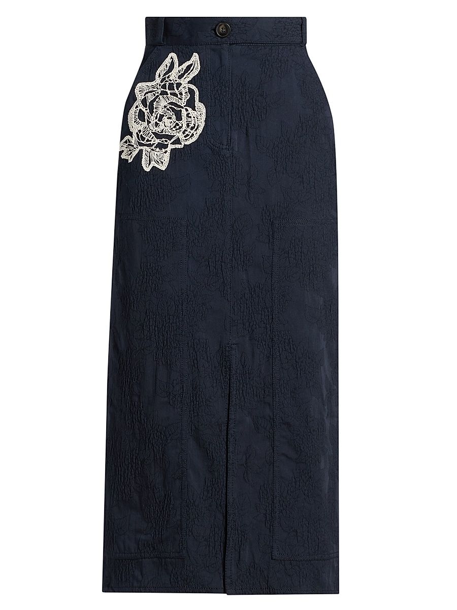 Women's Embroidered Lace A-Line Midi-Skirt - Midnight Blue - Size 12