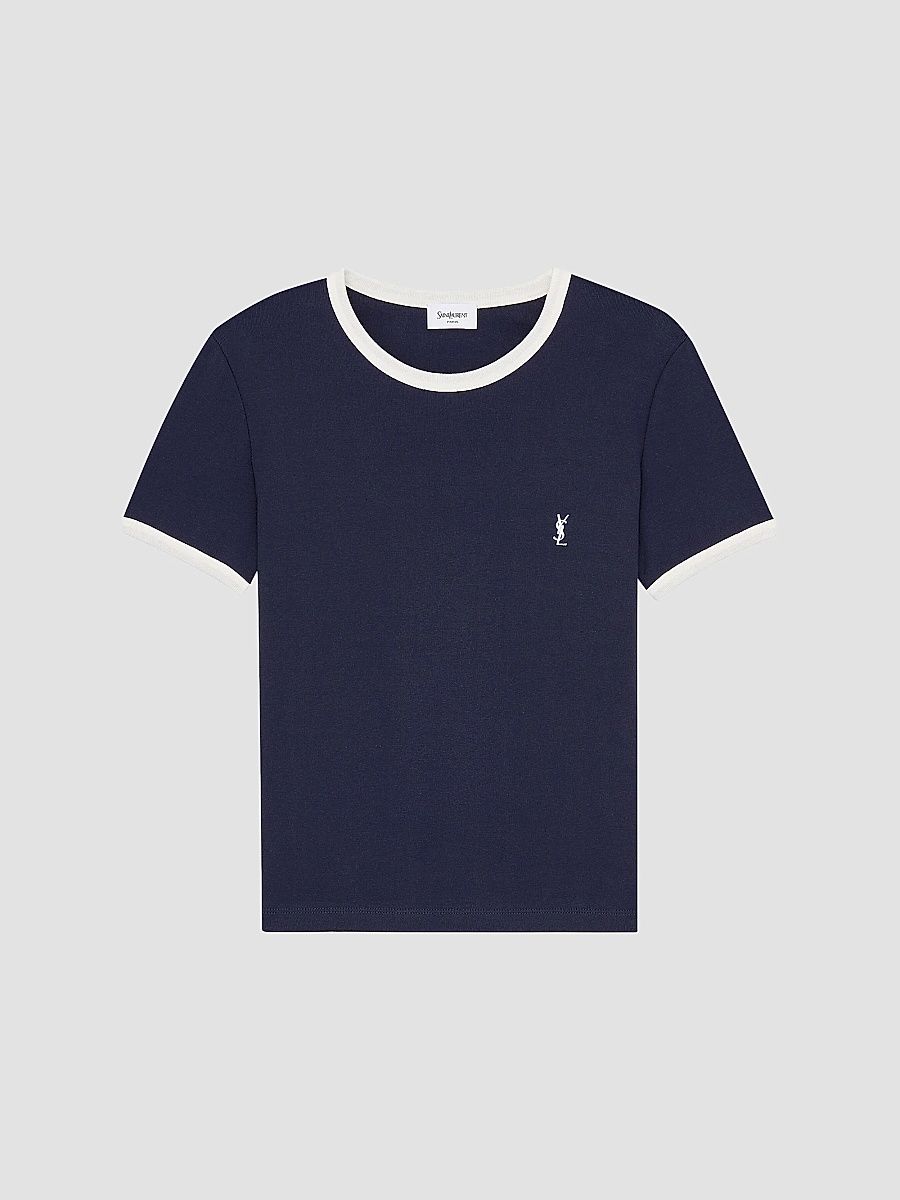 Saint Laurent Women's Cassandre T-Shirt in Ribbed Cotton Jersey - Navy Naturel - Size XS