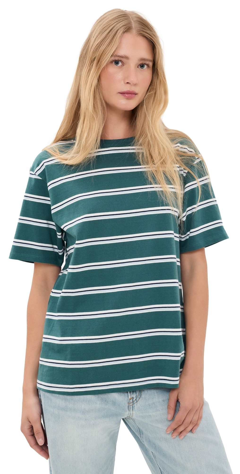 Good American The Oversized Tee Harbor Stripe Deep Teal M